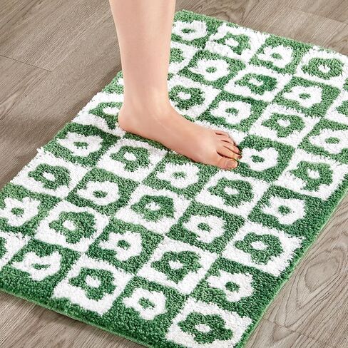 Cute Floral Checkered Bath Mat Non Slip Rubber Backed 16’’W x 24’’L, Vibrant Yellow Geometric Checkerboard Daisy Flower Boho Bathroom Rugs Shaggy Absorbent Shower Floor Mat Machine Washable in Saudi Arabia