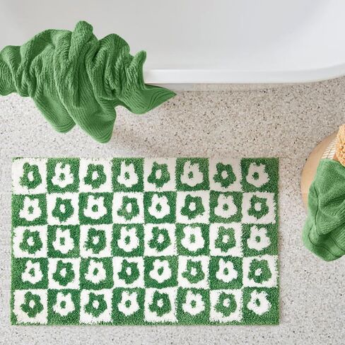 Cute Floral Checkered Bath Mat Non Slip Rubber Backed 16’’W x 24’’L, Vibrant Yellow Geometric Checkerboard Daisy Flower Boho Bathroom Rugs Shaggy Absorbent Shower Floor Mat Machine Washable in Saudi Arabia