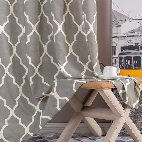 jinchan Curtains Blue Linen Living Room Drapes Light Filtering Moroccan Tile Print Drapes Bedroom Curtain Flax Textured Geometry Lattice Grommet for Dining Room 45 Inch Length 2 Panels in Saudi Arabia