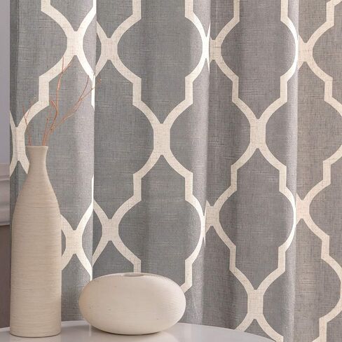 jinchan Curtains Blue Linen Living Room Drapes Light Filtering Moroccan Tile Print Drapes Bedroom Curtain Flax Textured Geometry Lattice Grommet for Dining Room 45 Inch Length 2 Panels in Saudi Arabia