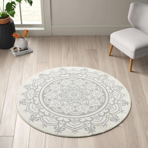 Carvapet 2' Small Round Area Rug Chic Boho Mandala Print Circle Rugs Non Slip Machine Washable Floor Mat Soft Throw Rug for Powder Room Entryway Bathroom Nursery Bedside Floor Decor Black Ivory in Kuwait