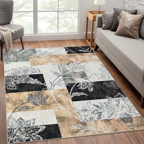 منطقة البساط 9x12 الحديثة الأزهار Petchwork البساط آلة قابل للغسل البساط سجاد غرفة نوم كبيرة داخل سجادة الأرضية غير زلة مزرعة رمي البساط منخفض كومة غطاء أرضي داخلي الحضانة البساط، رمادي in Kuwait