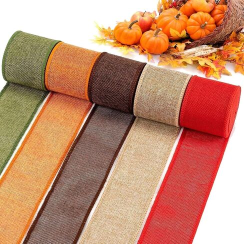 5 Colors Wreath Burlap Ribbon - Total 27 Yards Thanksgiving Day Autumn Wired Edge Ribbon for Gift Wrapping Bows Rustic Crafts Supplies Weddings Holiday Fall Decorations - 2.4in Wide in Kuwait