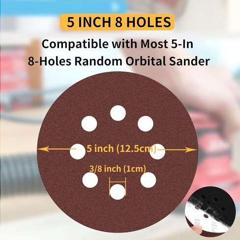 5 Inch Sanding Discs Hook and Loop, 8 Hole Random Disc Sanders & Orbital Sander Pads for Wood with Variety Pack, 60, 120, 240, 320 Grit - 100 PCS Dustless Round Sanding Discs in Saudi Arabia