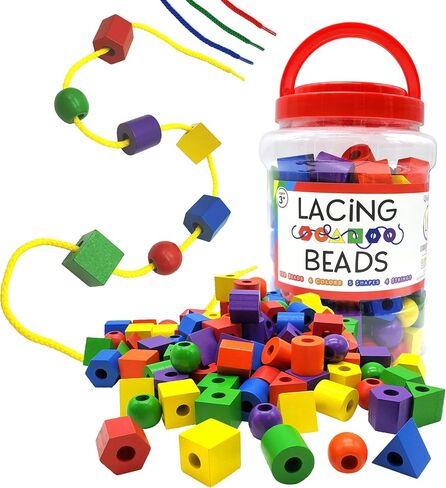 Blu Jay Wooden Lacing Beads for Toddlers 1-3 & 3-5 – 125 PCS with Storage Tub | Stringing Beads for Toddlers 1-3 & Fine Motor Skills Toy for Hand-Eye Coordination & Color Sorting in Saudi Arabia
