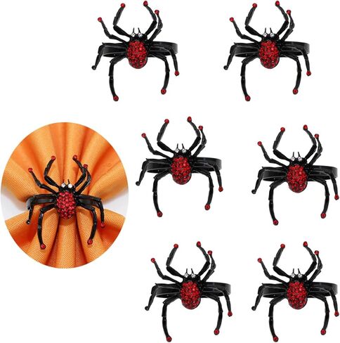 مجموعة من 6 حلقات منديل من الألماس العنكبوتي، حلقات منديل سوداء، حلقات منديل، حامل من سبيكة معدنية، حامل حلقة منديل لتزيين طاولات الهالوين، مستلزمات حفلات الطعام ﻿ (أسود) in Kuwait