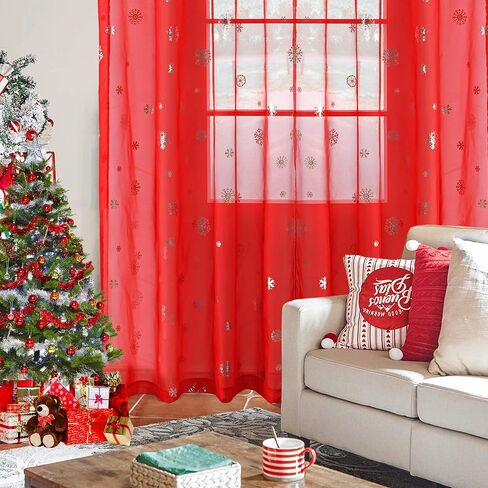 ستائر Youleyar Snowflake Christmas Voile الشفافة، طباعة رقائق فضية فاخرة، زوج معالجة برونزي معدني لتزيين نافذة العطلات، غرفة المعيشة، مجموعة من لوحتين باللون الأبيض 52Wx84L in Saudi Arabia