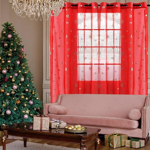 ستائر Youleyar Snowflake Christmas Voile الشفافة، طباعة رقائق فضية فاخرة، زوج معالجة برونزي معدني لتزيين نافذة العطلات، غرفة المعيشة، مجموعة من لوحتين باللون الأبيض 52Wx84L in Saudi Arabia