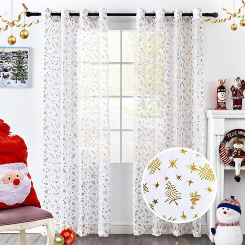 ستائر Youleyar Snowflake Christmas Voile الشفافة، طباعة رقائق فضية فاخرة، زوج معالجة برونزي معدني لتزيين نافذة العطلات، غرفة المعيشة، مجموعة من لوحتين باللون الأبيض 52Wx84L in Saudi Arabia