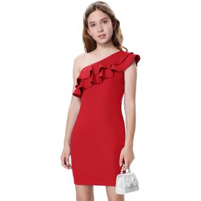 Girls One Shoulder Party Dress Bodycon Ruffle Trim Sleeve Pencil Summer Dresses for Special Occasions Birthday 8-14Y
