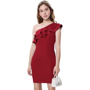 Girls One Shoulder Party Dress Bodycon Ruffle Trim Sleeve Pencil Summer Dresses for Special Occasions Birthday 8-14Y