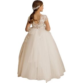 Flower Girls Lace Tulle Ball Gowns with Bow-Knot First Communion Dresses Tutu Pageant Dress for Wedding Princess