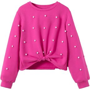 OYOANGLE Girl's Pearl Beaded Long Sleeve Round Neck Knot Hem Loose Sweatshirt Cute Pullover Tops