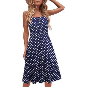 Berydress Women's Casual Beach Summer Dresses Solid Cotton Flattering A-Line Spaghetti Strap Button Down Midi Sundress
