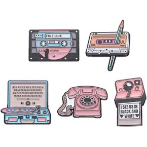 Pink Brooch Set Cute Enamel Pins Creative Pink Letters Badge Personalized Radio Record Phone Shape Alloy Brooch Fashion Clothing DIY Accessories Exquisite Pretty Jewelry Gifts for Girls Women