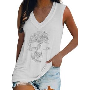 Fronage Women's Rhinestone Skull Tank Tops Loose Graphic V Neck Sleeveless Tee Shirt