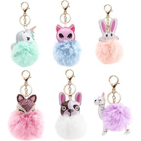Cute Animal Pom Pom Keychain with Faux Fur Fluffy Balls Key Ring for Women Girls Bag Accessories in Kuwait