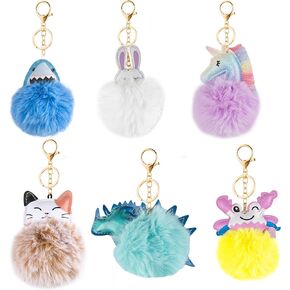 Cute Animal Pom Pom Keychain with Faux Fur Fluffy Balls Key Ring for Women Girls Bag Accessories