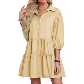 BerryGo Women's Casual Summer Babydoll Mini Dress Flowy Tiered Short Tunic Dress Puff Sleeve Button Down Shirt Dress