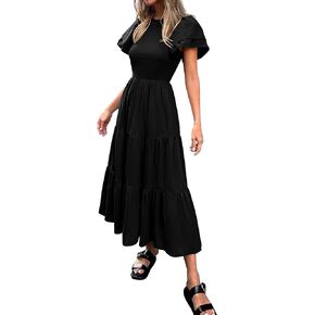 BTFBM Women Casual Summer Dresses Crewneck Flutter Puff Short Sleeve Elastic Waist Flowy Aline Tiered Maxi Dress Pockets