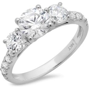 2 ct Round Cut Stunning Genuine Flawless Clear Simulated Diamond Wedding Bridal Anniversary Promise Engagement Solid 18K White Gold Classic Solitaire with Accents Three Stone Ring