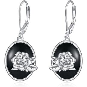 Black Onyx Drop Earrings Sterling Silver Rose Flower Leverback Oval Dangle Earrings Jewelry Gifts for Women Girls