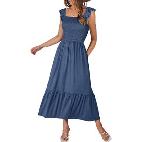 ANRABESS Womens Square Neck Maxi Dress Ruffle Sleeveless Smocked Casual Summer Beach Sundress with Pockets