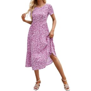 Sureple Spring Round Neck T Shirt Dress for Women Short Sleeve Midi Length,Swing Tiered Bobydoll Dresses with Pockets