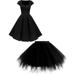 فستان نسائي عتيق بأكمام قصيرة من Hanpceirs أسود XL + تنورة توتو من الخمسينيات من القرن العشرين للهالوين وحفلات الكريسماس أسود L/XL in Kuwait