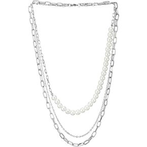 COOLSTEELANDBEYOND Cool Layered Statement Necklace, Bead Chain Oval Link Chain Three-Strand, Waterfall Necklace