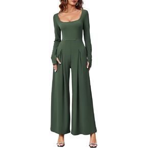 Tongmingyun Women's Dressy Casual Jumpsuits Long Sleeve Wide Leg Loose Square Neck Pleated Long Pant Romper with Pockets