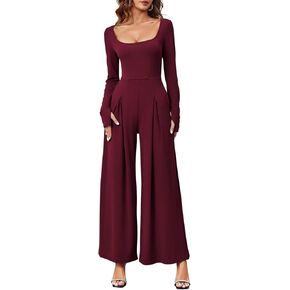 Tongmingyun Women's Dressy Casual Jumpsuits Long Sleeve Wide Leg Loose Square Neck Pleated Long Pant Romper with Pockets