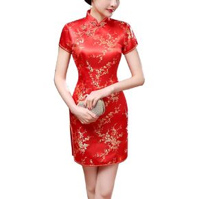 Traditional Cheongsam Costume Print High Slit Side Chinese New Year Party Cocktail Bodycon Short Dress