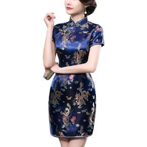 Traditional Cheongsam Costume Print High Slit Side Chinese New Year Party Cocktail Bodycon Short Dress