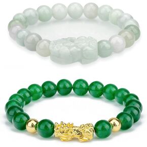 ZenBless Fengshui Porsperity Jade Set Lucky Charm Feng Shui Black Obsidian Wealth Bracelet Gift For Men Women with Gold Plated Pi Xiu Pi Yao Attract Wealth Good Luck(Green)