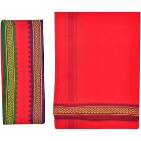 Kolakeer™ Men's Cotton Color Dhoti Angavastram Set - 1.8 Mtrs Dhoti with 1.2 Mtrs Angavastram - Thalapathy Style Mundu Set