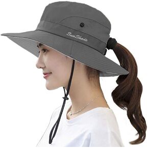 Sun Hats for Women, Women's Ponytail Bucket Hat Outdoor UV Protection Foldable Mesh Wide Brim Beach Fishing Hat