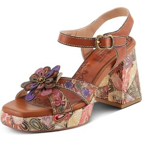 Spring Step L'Artiste Women's REFLECTIVE Platform Heeled Sandals - Chunky Heel, Hand-Painted Flower Detail, Padded Insole