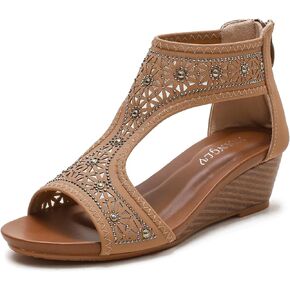 LOCIIXAT Women's Round Open Toe Wedge Sandals Zip Back Mid Heel Summer Dressy Sandals Shoes