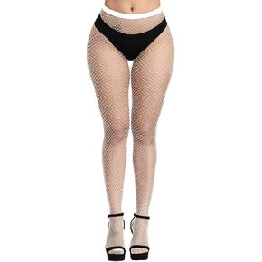 Coosalola White Fishnets with Reinforced Toes,High Waist White Fishnet Stockings for Women