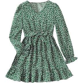 SOLY HUX Girl's Ditsy Floral V Neck Belted A Line Mini Dress Flounce Long Sleeve Ruffle Hem Swing Short Dresses in Saudi Arabia
