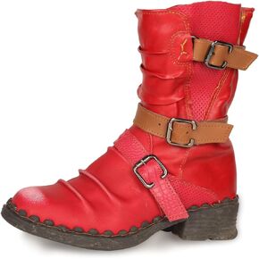 TMA EYES Women Leather Mild-Calf Boots Faux Fur Lining with Buckles side Zipper