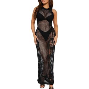 AILUNSNIKA Women Sexy Crochet Swimsuit Cover Ups Bodycon Swimwear Knitted Mesh Dress White Beach Sheer Dress