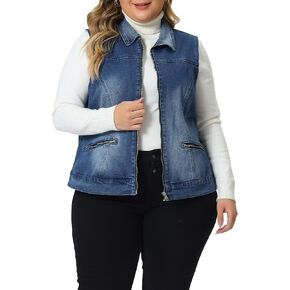 Agnes Orinda Plus Size Denim Vest for Women Sleeveless Classic Washed Zip With Pockets Denim Jackets