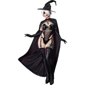 Mobbunny Women Gothic Pumpkin Witch Cosplay Costume Black Shiny Leather Outfit Halter Bat Wings Top and High Slit Skirt