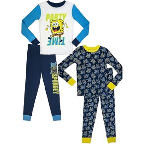 SpongeBob SquarePants Party Time Bikini Bottom 4 Piece Long Sleeve Top and PJ Pant Set Pajamas for Boys (Size 4 to 10)