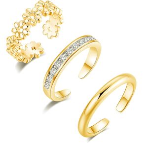 3Pcs 18K Gold Toe Rings for Women, Adjustable Open Toe Ring Cubic Zirconia Daisy Flower Simple Thin Band Hug Rings Hawaiian Summer Beach Foot Jewelry Set