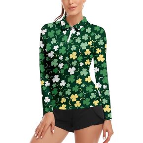 Womens Golf Shirts Long Sleeve Polo Shirts Tennis Shirts Golf Tops Golf Apparel St. Patrick Day Four Leaf Clover