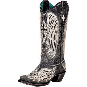Corral Boots Womens Ld Cross & Wings Overlay & Studs Snip Toe Casual Boots Mid Calf Mid Heel 2-3" - Black