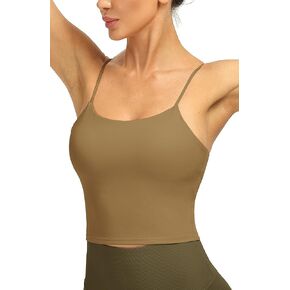 icyzone Padded Workout Tank Tops for Women, Strappy Athletic Yoga Crop Tops with Built in Bra, Longline Sports Bra (Green, L)